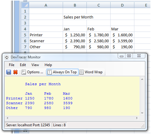 Example for using DevTracer with Microsoft Excel 2007